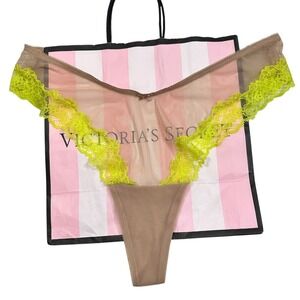 NWT Victoria's Secret High Leg Thong Neon Lace Mesh Tan‎ Sheer Panty XL